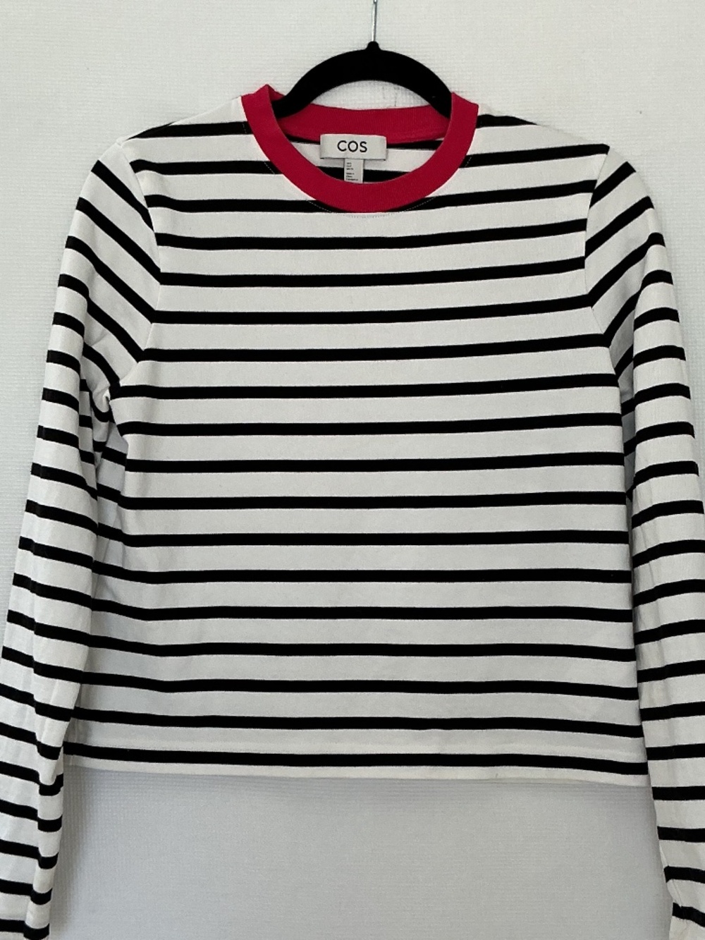 COS Contrast Collar Heavyweight Striped Long Sleeve Tee Black White Red Cotton S